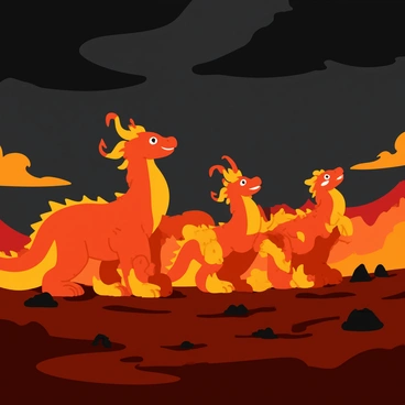 A group of "mythical creatures made of fire" roams across the "scorched earth of Mordor." The creatures have glowing ember-like textures and flickering flames that dance around their bodies. The ground beneath them is cracked and barren, with charred rocks and ashy remnants scattered throughout the landscape. The sky above is filled with dark, swirling clouds that emit a faint orange glow from the fiery creatures below. Shadows cast by the flames create a dramatic contrast against the desolate terrain. Each creature displays unique forms, resembling dragons and phoenixes, with elongated limbs and fierce expressions that radiate heat.