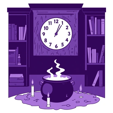 An aged clock with a wooden frame, intricately carved with "mystical symbols" adorning its surface, hangs on the wall of a dimly lit witch's parlor. The clock's hands point directly at "midnight," and the hour strikes, resonating throughout the room. A soft glow emanates from the clock's face, illuminating the surrounding shelves lined with "bottles of herbs" and "ancient spellbooks." In front of the clock, a "cauldron" bubbles gently, casting flickering shadows across the walls. The atmosphere is charged with enchantment, as "candles" flicker on the table, their light dancing in rhythm with the clock's chime.