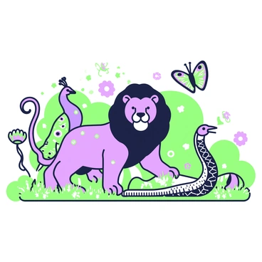 A collection of animals is arranged in a vibrant outdoor setting. In the center, there is a large lion with a detailed mane, and on its fur, "genotype patterns" glow with a radiant effect. To its left, a striking peacock displays its feathers, each adorned with intricate "genotype patterns" that shimmer brightly. On the right, a slender snake winds through the grass, its scales showcasing unique "genotype patterns" that pulsate with light. Above, a colorful butterfly flutters, its wings intricately decorated with "genotype patterns" that seem to sparkle in the sun. The background features lush trees and vibrant flowers, providing a lively environment for these animals.