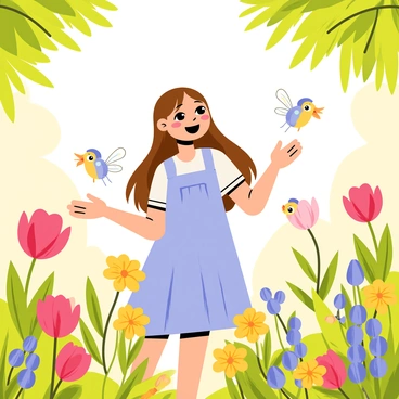 A young girl named "Hermine" with long brown hair, wearing a light blue dress, is surrounded by "tiny, playful faeries". The faeries have delicate wings that shimmer in various colors, and they are playfully flying around Hermine. The vibrant flower garden features a variety of "brightly colored flowers" including red tulips, yellow daisies, and purple violets. Sunlight filters through the leaves, creating a warm and inviting atmosphere. Hermine is reaching out to the faeries with a joyful expression, and a few of them are hovering near her hands, adding to the magical scene.
