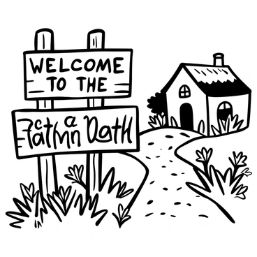 A wooden signpost at the entrance of a village displaying the words "Welcome to the Village" in English on the top half and "Fath an Lath" in Cornish on the lower half. The signpost is surrounded by lush greenery, with a cobblestone pathway leading into the village. A classic thatched-roof cottage can be seen in the background, partially obscured by trees. Small wildflowers are growing alongside the pathway.