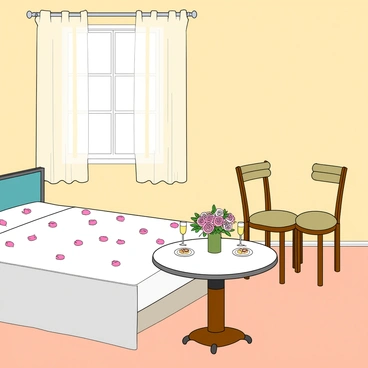 A cozy chambre with soft, warm lighting casting a gentle glow throughout the room. On the bed, there are numerous delicate pink rose petals scattered artistically across the white sheets. A small, round dining table is positioned nearby, set for two with a pair of matching chairs. The table is adorned with a simple white tablecloth and features two elegant plates, each holding a small dessert, along with two glasses filled with sparkling juice. A small vase with fresh flowers sits in the center of the table, completing the romantic atmosphere.