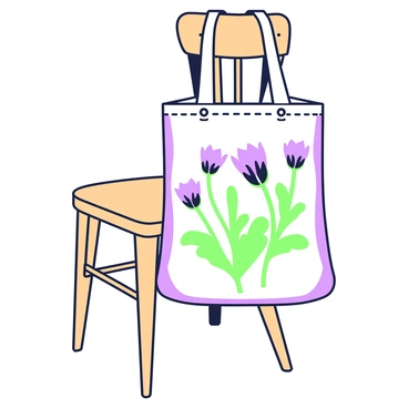 A stylish tote bag is hanging on the back of a wooden chair. The tote bag features a prominently printed design of cornflowers, showcasing their distinct shape and detail. The chair has a simple structure with a natural wood finish. The setting is well-lit, highlighting the texture of the fabric on the tote bag and the smooth surface of the chair.