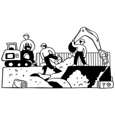 A group of workers wearing safety helmets and protective clothing is operating heavy machinery to clean up polluted soil in an industrial area. The workers are focused on their tasks, using a bulldozer and a digger to remove contaminated earth. There are barrels labeled with hazardous symbols nearby, and a large fence surrounds the worksite. Dust and dirt are being kicked up as the machines dig into the ground, creating a dynamic and active scene. Large piles of soil are visible beside the machinery, indicating the progress of the cleanup effort.
