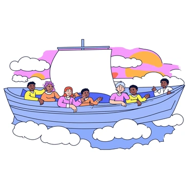 A large skyship with a sleek, elongated body and a wide sail gliding gracefully above soft, fluffy white clouds. The skyship features intricate designs along its sides, and its sails are gently billowing in the breeze. On the deck are several crew members of different backgrounds, wearing colorful clothing. Some are leaning against the ship's railing, while others are pointing towards the horizon, showcasing expressions of wonder and excitement. The horizon is painted with a warm blend of orange and pink hues as the sun sets in the background.