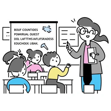 A vintage teacher with round glasses and a tweed jacket stands at the front of a classroom. She is holding a piece of chalk and gesturing towards a chalkboard filled with words. In front of her, a group of enthusiastic students, both boys and girls, are seated at wooden desks. Each student has a focused expression, eagerly raising their hands to participate. The classroom is decorated with old-fashioned maps and educational posters on the walls, creating an engaging atmosphere for the spelling bee competition.