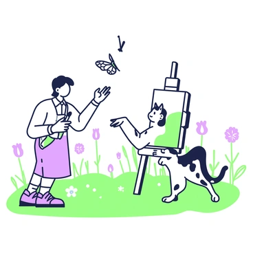 An artist is positioned on a grassy meadow, focused on capturing the action of a cat pursuing a butterfly. The artist has a canvas set up on an easel, holding a brush in one hand while the other hand gestures towards the scene. The cat, a sleek feline with agile posture, is depicted mid-leap, eyes fixed on the delicate butterfly fluttering just above it. The butterfly is poised in the air, wings spread wide, showcasing its intricate patterns. In the background, wildflowers sway gently, adding a sense of natural beauty to the lively scene.