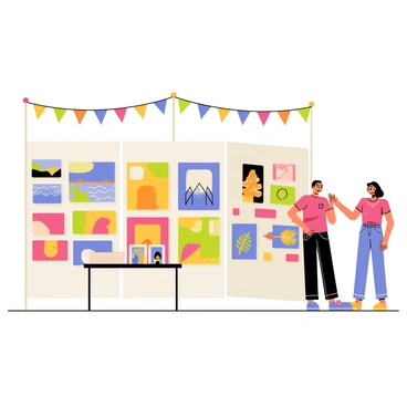 A vibrant booth at an art fair showcasing a variety of artwork. The booth features a colorful array of paintings hanging on white display panels. There are framed oil paintings with landscapes, abstract art pieces in bold colors, and intricate watercolor illustrations. A small table in front of the booth holds a stack of art prints and brochures. Two cheerful artists stand next to the booth, engaging with fair visitors. Bright decorative bunting is strung across the top of the booth, adding to the lively atmosphere.