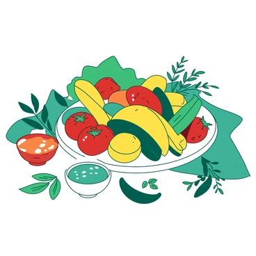 A vibrant scene displaying a large, colorful dish filled with an assortment of fresh ingredients. There are slices of yellow bell pepper, red cherry tomatoes, and green cucumbers artfully arranged on a white plate. Beside the plate, there are small bowls containing a teal sauce and an orange dressing. Sprinkled around the dish, there are fresh herbs in various shades of green, adding texture and depth to the composition. The background features a subtle gradient merging white and teal, enhancing the liveliness of the flavors represented.