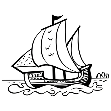 A grand wooden galley with intricate carvings on its hull is gliding across the surface of a shimmering sea. The sails are large and billowing, showcasing detailed patterns in a captivating design. Waves are gently lapping against the sides of the galley, creating a sense of motion. In the distance, there are faint outlines of distant islands and the horizon blending seamlessly where the water meets the sky.