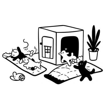 A pet carrier box spilling out playful kittens and puppies in a home setting