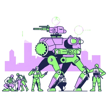 A futuristic military machine designed with inspiration from da Vinci's war machines is positioned in an open area. The machine has a large, armored chassis with intricate green gears visible on the exterior, showcasing advanced technology. It features several articulated limbs equipped with advanced weaponry, each limb ending in various tools and guns. Above the main body, there is a rotating turret that can pivot and aim in different directions. Beside the machine, a group of soldiers in modern combat gear observe its capabilities, pointing towards its features. In the background, there is a faint silhouette of a cityscape, hinting at a futuristic setting.