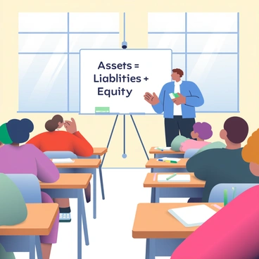 A classroom with light-colored walls is filled with wooden desks arranged in rows. In the front, a teacher with short brown hair is standing by a whiteboard, which displays the accounting equation "Assets = Liabilities + Equity." The teacher is wearing a blue shirt and black pants, holding a green marker while explaining the equation. Several students with diverse appearances are seated at their desks, actively taking notes and looking at the teacher. Some students have a mix of notebooks, calculators, and pens on their desks. Sunlight is streaming through large windows, illuminating the room and creating a warm atmosphere.