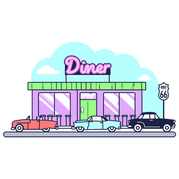 A diner is situated along Route 66, with a prominent neon sign displaying the name "Diner" in bold letters. The exterior features large windows that reflect the passing clouds. In front of the diner, there are three classic cars parked in a row: a bright red convertible, a turquoise coupe, and a sleek black sedan. Each car has distinct details, such as chrome bumpers and whitewall tires. The pavement is visible, leading up to the entrance of the diner, where a few stools are lined up at the counter outside. The atmosphere is lively, with a clear blue sky overhead.
