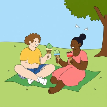 Two friends are sitting on a green picnic blanket spread on the grass in a park under a bright blue sky. One friend has light skin, curly brown hair, and is wearing a yellow t-shirt and denim shorts. The other friend has medium skin and straight black hair tied in a ponytail, dressed in a pink sundress. Both are holding colorful ice cream cones, with one cone topped with a double scoop of mint chocolate chip ice cream and the other with a single scoop of strawberry. They are laughing joyfully, their faces beaming with happiness as a few birds flutter nearby and a tree casts a gentle shade over them.