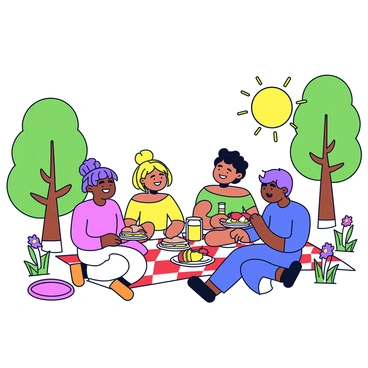 A group of four people sitting on a red and white checkered picnic blanket. They are sharing a variety of food items, including sandwiches, fruits, and a pitcher of lemonade. The individuals are laughing and engaging with one another. Surrounding them are tall green trees, grass, and a few wildflowers adding splashes of color to the scene. A frisbee lies on the ground nearby. The sun is shining brightly, creating a cheerful atmosphere.
