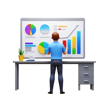 An office worker standing in front of a large digital whiteboard. The worker is focused on analyzing and arranging colorful survey data displayed on the screen. The whiteboard shows various graphs and charts, with pie charts in bright colors and bar graphs that illustrate the survey results. The office environment is modern, with a desk and some papers nearby, providing a professional atmosphere. The worker is wearing a business casual outfit, actively interacting with the digital interface.