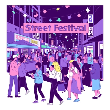 A vibrant city street at night filled with numerous people strolling and enjoying a street festival. Colorful decorations hang overhead, illuminating the area with a mix of bright lights in various shapes. People of different ages and backgrounds are engaged in conversations while holding snacks from nearby food stalls. Some individuals are dancing to live music played by musicians on a small stage. There is a large banner above the street that reads "Street Festival" in bold letters. The buildings lining the street are adorned with neon signs, adding to the lively atmosphere.