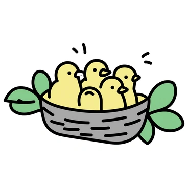 A small nest, woven from twigs and leaves, sits nestled in the branches of a tree. Inside the nest, there are four baby finches, each with soft, fluffy feathers. Their beaks are wide open, displaying a bright yellow interior, as they eagerly await their parent's return. The nest is surrounded by green leaves, creating a natural setting in which the baby birds are positioned closely together, showcasing their anticipation.