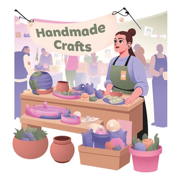 A scene depicting an artist selling handmade crafts at a vibrant community market. The artist is a middle-aged woman with long brown hair tied in a bun, wearing a colorful apron over a light blue shirt. She stands behind a wooden table filled with various handmade items, including colorful pottery, knitted scarves, and wooden toys. There are some small plants in terracotta pots arranged on the table. The background features a lively market atmosphere with several people browsing nearby stalls. A banner with the words "Handmade Crafts" is hanging above her stand. Sunlight streams down, casting gentle shadows on the scene.