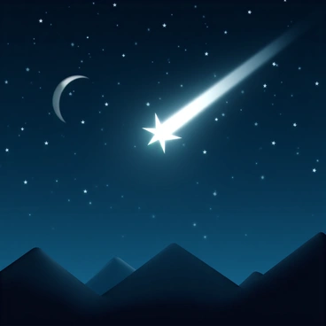A bright shooting star, glowing with a vibrant white tail, streaks diagonally across a deep blue night sky. The sky is dotted with countless stars, twinkling in various sizes and brightness. A crescent moon hangs in the corner, casting a soft light over the scene. In the foreground, silhouettes of dark mountains can be seen against the starry backdrop, enhancing the celestial display above.