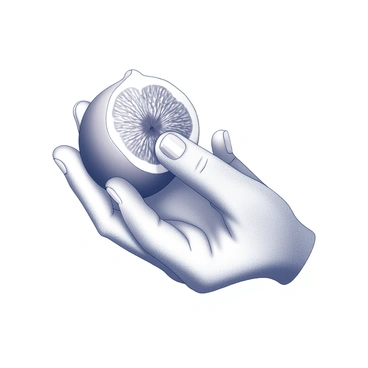 A hand holding a fig with its distinctive shape and texture. The fingers grip the fig firmly, while the thumb gently peels away a section of its skin, revealing the soft, inner fruit. The fig's surface shows small dimples and a rich, intricate texture, while the hand exhibits details like subtle creases and nails. The scene captures the careful interaction between the hand and the fig, emphasizing the delicate process of peeling.