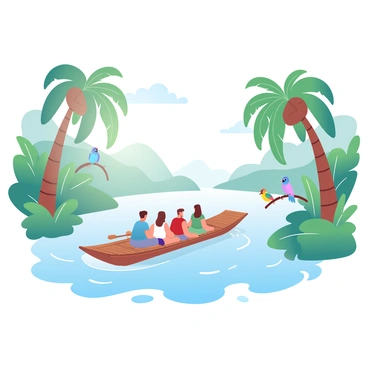 A bamboo raft is floating on a gentle river surrounded by lush tropical foliage. The raft is carrying several travelers, who are sitting comfortably while enjoying the scenery. Tall palm trees line the riverbanks, their leaves swaying gently in the breeze. The water is clear and reflects the vibrant green of the surrounding plants. A few colorful birds are seen perched on branches nearby, while soft ripples form in the water as the raft glides forward. Sunlight filters through the foliage, creating a warm glow over the scene.