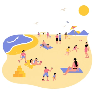 A vibrant beach scene featuring golden sand with groups of people scattered throughout. In the foreground, a family is building a sandcastle near the water's edge, while a couple is lounging on colorful beach towels, soaking up the sun. Further back, a group of friends is playing beach volleyball. Near the shoreline, several children are splashing in the waves, laughing and playing. In the distance, a few beach umbrellas provide shade for sunbathers. The sun is shining brightly overhead, and seagulls are flying in the clear blue sky.