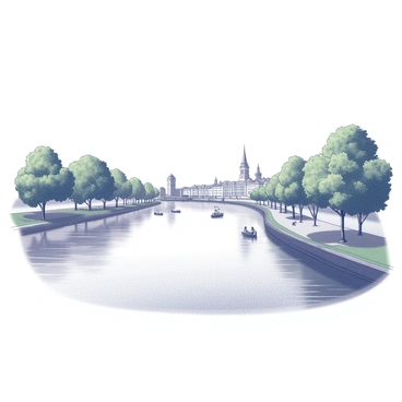 A view of the River Thames flowing through Kingston. The river occupies the foreground, reflecting the surrounding environment. On either side of the riverbank, there are lush green trees providing shade, while a pathway with people walking or cycling can be seen. In the distance, various boats are gently bobbing on the water's surface, and the architecture of Kingston's buildings lines the banks. The sky above is clear, indicating a bright day. The scene captures a sense of calm and natural beauty.