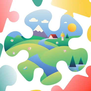 A close-up view of various colorful puzzle pieces is showing a scenic landscape. The puzzle pieces include vibrant colors such as blue, green, yellow, and red, each depicting different elements of the landscape. One piece features a bright blue sky, while another shows a lush green meadow with wildflowers. A piece with a golden sun is positioned strategically to illuminate the scene. Some pieces depict a winding river, a majestic mountain, and a small cottage. The puzzle pieces fit together seamlessly, creating a harmonious and detailed representation of the landscape.