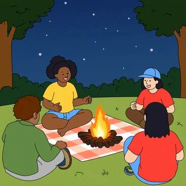 A young black girl with curly hair wearing a bright yellow t-shirt and denim shorts is animatedly telling ghost stories to her friends. She is sitting cross-legged on a checkered blanket spread on the grass near a campfire, where the flames flicker and cast a warm glow. Around her are three friends of diverse ethnicities, all engaged and listening intently. One friend has long brown hair tied in a ponytail, wearing a green hoodie, while another has short curly hair and is dressed in a red t-shirt. The third friend has straight black hair and is wearing a blue cap. Above them, a clear starlit sky is visible, with twinkling stars scattered across. In the background, tall trees frame the scene, adding to the atmosphere of a cozy night by the campfire.