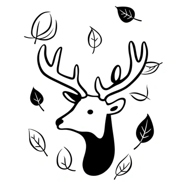 A deer's head facing forward, with detailed antlers branching out elegantly. Surrounding the deer are multiple falling leaves, each with intricate vein patterns, drifting downwards. The leaves vary in shape and size, creating a sense of movement. The composition is filled with a sense of layering, as some leaves overlap with the deer's head and others are falling in the foreground.