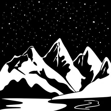 A black-and-white illustration of towering mountain peaks with sharp, jagged edges rising prominently in the foreground. The mountains are intricately detailed, showcasing various textures of rock and snow. Above the peaks, a vast night sky filled with countless stars fills the upper portion of the image. The stars are depicted as small dots scattered across the dark sky, creating a sense of depth and vastness. A hint of a winding river can be seen at the base of the mountains, reflecting the light from the stars, adding to the overall composition.