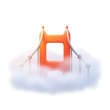 A 3D icon of the "Golden Gate Bridge" partially obscured by "morning fog." The bridge's "bright orange color" stands out against the "soft white mist." The fog creates a sense of depth, with "pillars and cables" partially visible through the fog. The scene captures the "tranquility" of early morning with a subtle glow from the "soft sunlight" peeking through the clouds.