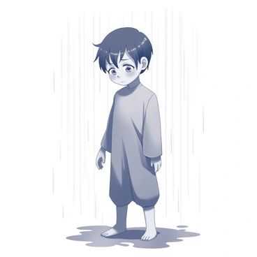 A character stands alone in a downpour, droplets of rain falling heavily around them. Their expression reveals deep emotion, with tears streaming down their cheeks. The rainwater mixes with the tears, creating a seamless flow down their face. The character is dressed in a simple, wet garment that clings to their form, emphasizing their vulnerability. The ground beneath their feet is slick and muddy, reflecting the gray sky above.