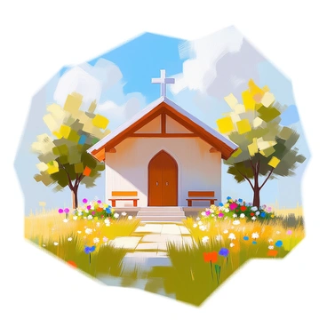 A picturesque open-air chapel constructed from light-colored wood stands gracefully in the center of a lush green meadow. The chapel features a simple peaked roof and wooden beams, with wooden benches arranged neatly in front. Surrounding the chapel, vibrant wildflowers in various colors bloom among the tall grass, and a few scattered trees provide gentle shade. In the background, a clear blue sky stretches overhead, dotted with soft, white clouds, enhancing the tranquility of the scene.