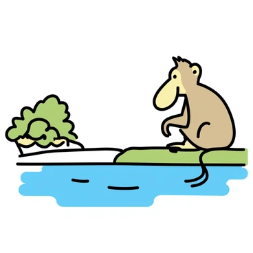 A proboscis monkey with a prominent nose, sitting on a riverbank. It is gazing intently at its reflection in the calm water of a still river. The monkey has a light brown fur coat, and its long limbs are positioned comfortably on the grassy edge. The surrounding area features lush green foliage, enhancing the natural setting. The water reflects the clear blue sky and the outline of the monkey, creating a serene scene.