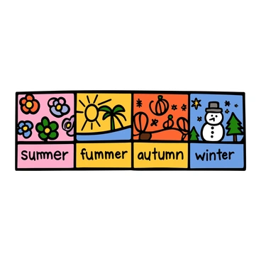 Four matchboxes, each with distinct seasonal themes, are arranged side by side. The first matchbox represents "spring" with vibrant illustrations of blooming flowers and butterflies, featuring shades of pink, green, and yellow. The second matchbox symbolizes "summer" with bright sun rays, beach scenes, and palm trees, incorporating colors like blue, yellow, and orange. The third matchbox depicts "autumn" with falling leaves in shades of orange, red, and brown, showing pumpkins and acorns. The fourth matchbox illustrates "winter" with snowflakes, a snowman, and pine trees, using colors like white, blue, and silver. Each matchbox has its seasonal title displayed prominently on the front.