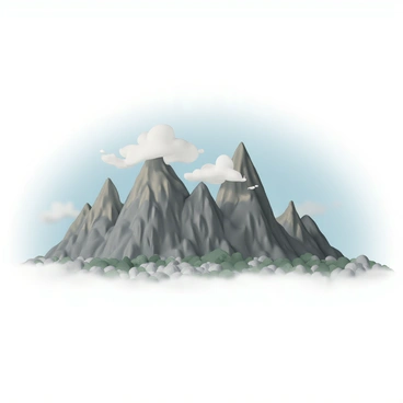 A panoramic view featuring towering mountains with sharp, rugged peaks. The mountains are covered in a mixture of dark gray and light brown rocky textures. Wispy white clouds are drifting across the peaks, partially obscuring the summits. The sky above is a gradient of soft blue, transitioning into a deeper shade as it approaches the horizon. The foreground includes a rocky terrain with patches of green vegetation, providing a contrast to the gray rocks of the mountains.