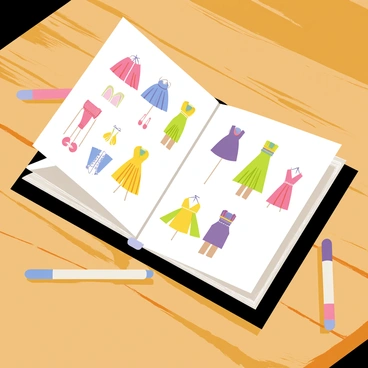 A sketchbook open on a wooden table, with its pages fluttering in the breeze. The pages are filled with colorful fashion designs, showcasing dresses, shoes, and accessories in various styles. The sketchbook has a black cover and is partially filled with neatly drawn illustrations. A few pencils and markers are scattered around the table, adding to the creative atmosphere. Sunlight casts soft shadows across the table, highlighting the dynamic movement of the pages.