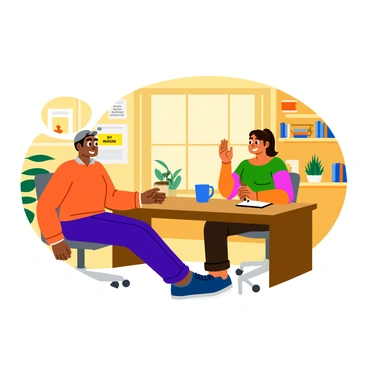 A product owner sitting at a wooden desk in a cozy office setting, engaged in an interview with a customer. The office features warm lighting and shelves filled with books and plants. The product owner, a middle-aged individual in casual attire, is attentively listening, taking notes on a notepad. The customer, a young woman in a colorful sweater, is speaking animatedly. A coffee cup sits on the desk, and a large window lets in natural light, casting soft shadows. The walls are decorated with framed pictures and motivational posters.