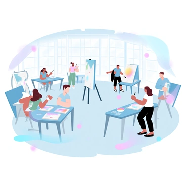 A spacious art studio filled with natural light. Several tables are arranged with participants actively engaged in painting and creating art. Individuals are using various painting tools, like brushes and palettes, surrounded by vibrant splashes of color on their canvases. Some participants are standing while others are seated, focusing intently on their artwork. Canvases of different sizes are leaning against the walls, showcasing a variety of styles and techniques. A large easel in the center holds a partially finished painting, and art supplies are scattered around the tables.