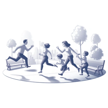 A wide scene depicting a world where time has stopped, showcasing several individuals in various dynamic poses. On the left, a man is mid-leap, with one leg extended and arms outstretched, as if jumping over an unseen obstacle. In the center, a woman is frozen mid-sentence, her mouth open in conversation, hands animated in gestures. To the right, a child is running with a toy, their expression filled with joy and excitement. Surrounding these figures are detailed elements of a bustling environment, such as trees swaying in an unseen breeze and benches with people sitting, all caught in different states of movement, creating a striking tableau of life paused in a single moment.