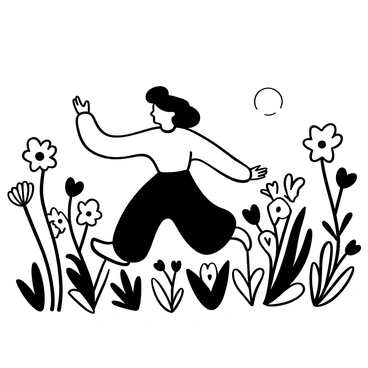A Shugao figure gracefully dancing in a field of wildflowers. The wildflowers are varied in shape and size, creating a lively scene with their intricate details. The background features a clear sky, providing a stark contrast to the busy floral landscape. The Shugao figure is in mid-motion, with flowing garments that emphasize its dance, surrounded by the blooming flowers swaying gently in the breeze.