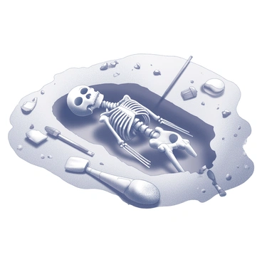 An archaeological dig site is depicted. In the center of the image, an ancient skeleton is partially buried in the sand, with visible bones and fragments that suggest an age-old burial. Surrounding the skeleton are various tools used for excavation, such as brushes and trowels, resting on the sandy surface. The ground is uneven, showing signs of recent digging with disturbed patches of earth. In the background, there are hints of scattered artifacts, like pottery shards and small stone tools, suggesting a rich historical context. The atmosphere conveys a sense of discovery and exploration, with the skeleton being the focal point of attention.