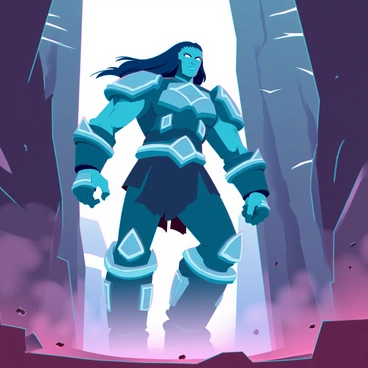 A towering titan with muscular build and intricate armor is navigating through a narrow canyon. The canyon walls are steep and jagged, rising above the titan. The titan's face shows determination, with piercing eyes focused ahead. It has thick, dark hair flowing behind it, and its massive hands grip the rocky surfaces as it carefully makes its way through the tight space. Sunlight filters through the canyon, casting dramatic shadows on the ground. Dust and small rocks are disturbed by the titan's movement, creating a sense of scale and power in the scene.