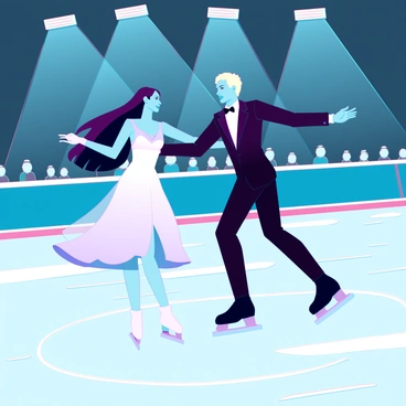 A pair of ice skaters, one with long dark hair and a flowing white dress, and the other with short blond hair wearing a black suit, are gliding gracefully together on an ice rink. The rink is illuminated by bright overhead lights, reflecting off the smooth, shiny ice surface. The skaters are performing a synchronized move, with their arms extended elegantly. Spectators are visible in the background, enjoying the performance. The atmosphere is filled with excitement and energy as the skaters showcase their skill and harmony.