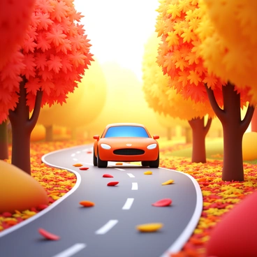 A car driving along a winding road. The road is blanketed with colorful autumn leaves in shades of red, orange, and yellow. Trees line both sides of the road, showcasing their vibrant fall foliage. The car is in motion, kicking up a small cloud of leaves behind it as it travels. Bright sunlight filters through the branches, creating dappled light on the ground.