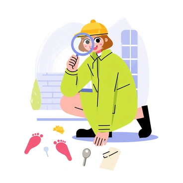 A cartoon girl detective with short brown hair and a yellow detective hat is crouching down. She is wearing a green trench coat and holding a large magnifying glass in her right hand. In front of her, there are several colorful clues scattered on the ground, including a red footprint, a shiny silver key, and a crumpled piece of paper. The background features a simple street scene with a brick wall and a bright blue sky.