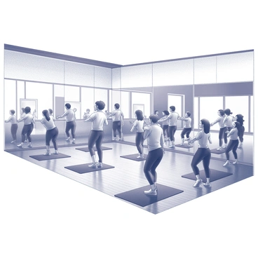 A lively group aerobics class with instructors leading energetic moves in a studio.